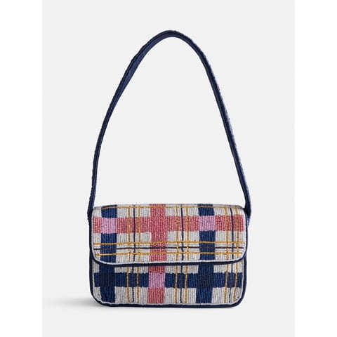 Women's Multi-Color Beaded Plaid Shoulder Handbag