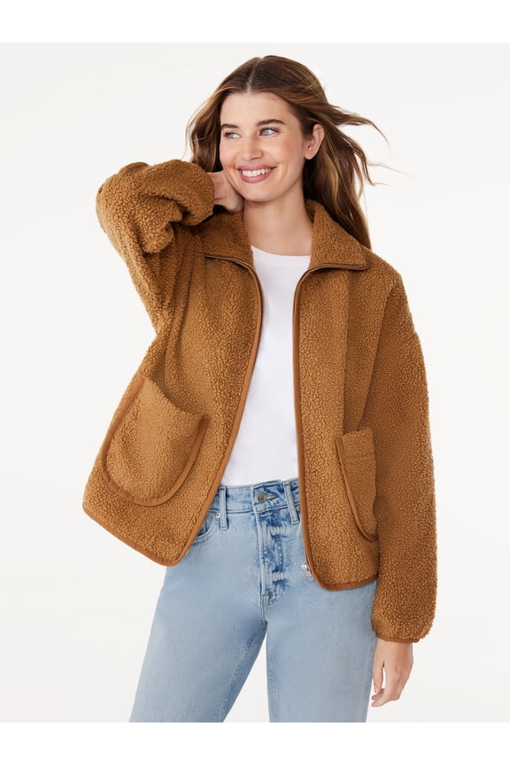 Women's Patch Pocket Mixy Teddy Fleece Jacket, Sizes XS-XXL
