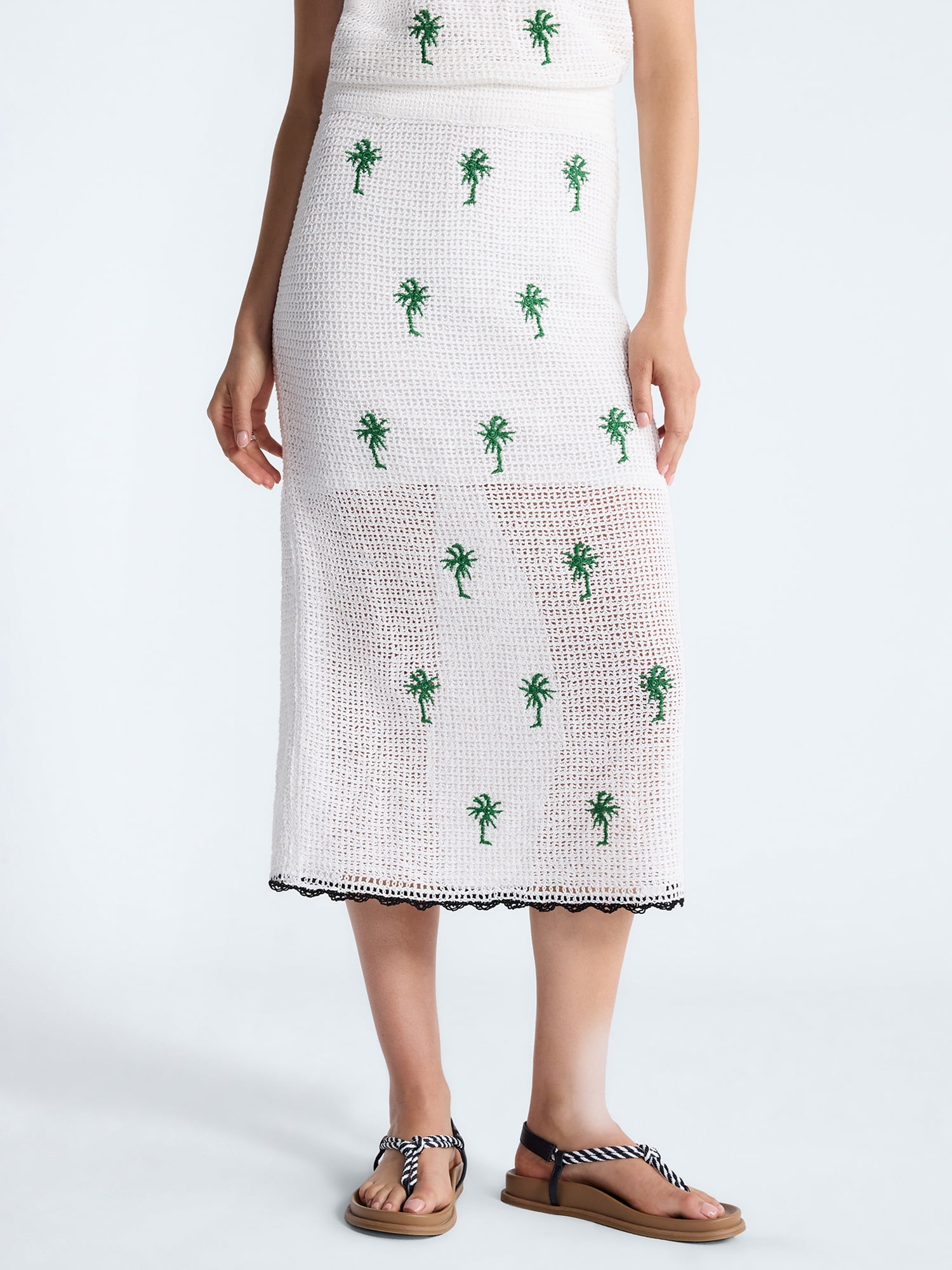 Free Assembly Women's Embroidered Knit Cotton Pencil Midi Skirt, Sizes XS-XXL