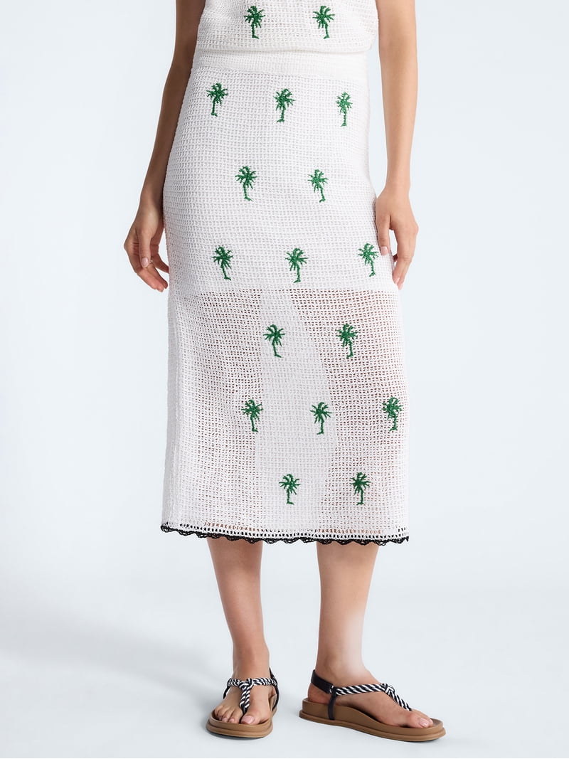 Free Assembly Women's Embroidered Knit Cotton Pencil Midi Skirt