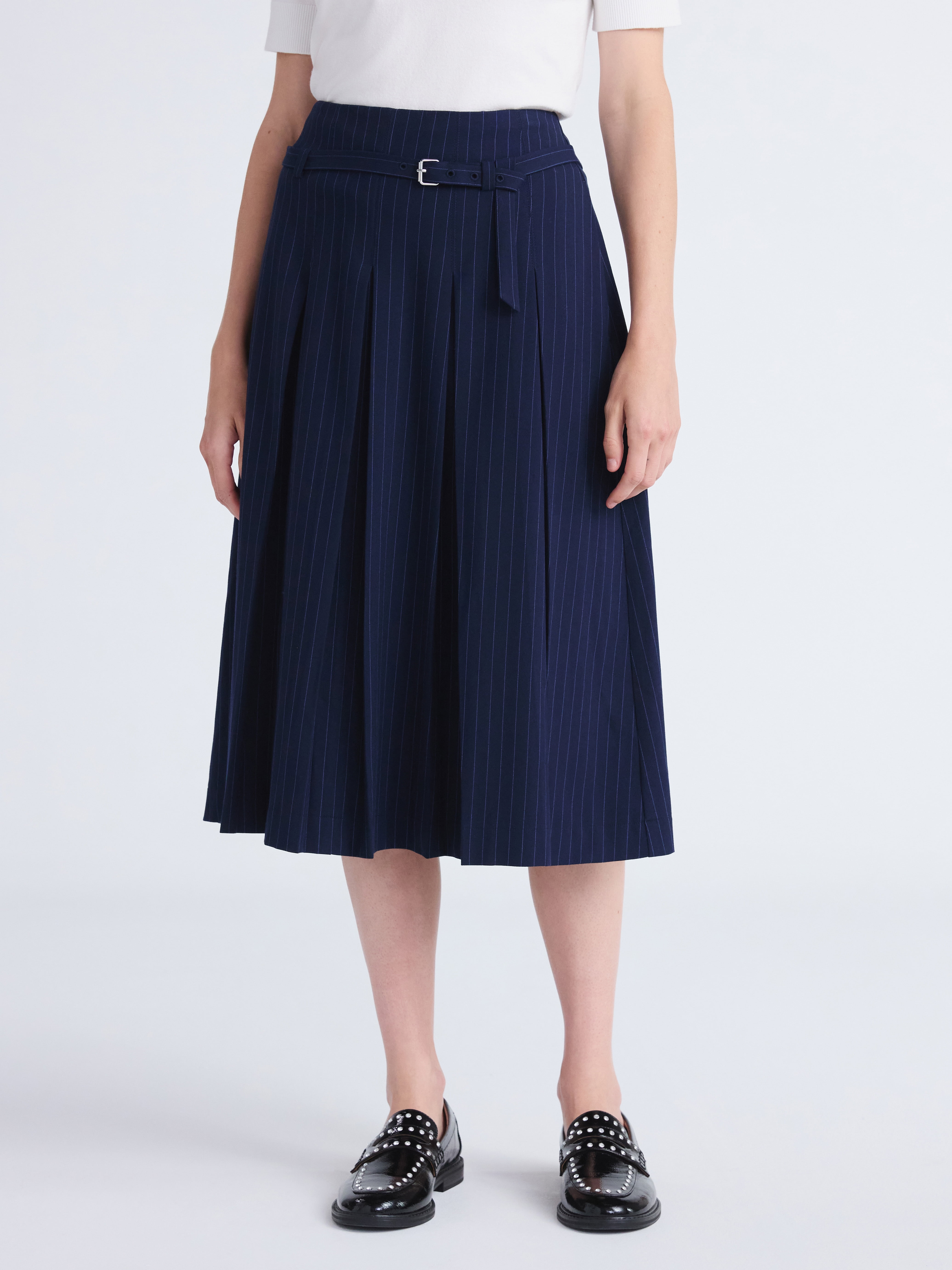 Free Assembly Women's Belted Pleated Pinstripe Midi Skirt