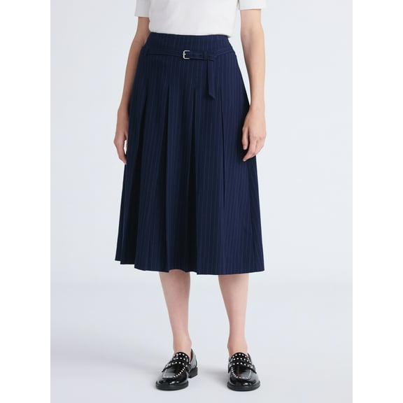 Free Assembly Women's Belted Pleated Pinstripe Midi Skirt, Sizes 0-16