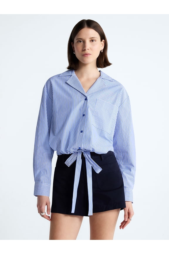Women's and Women's Plus Cotton Poplin Tie Waist Shirt with Long Sleeves, Sizes XS-4X