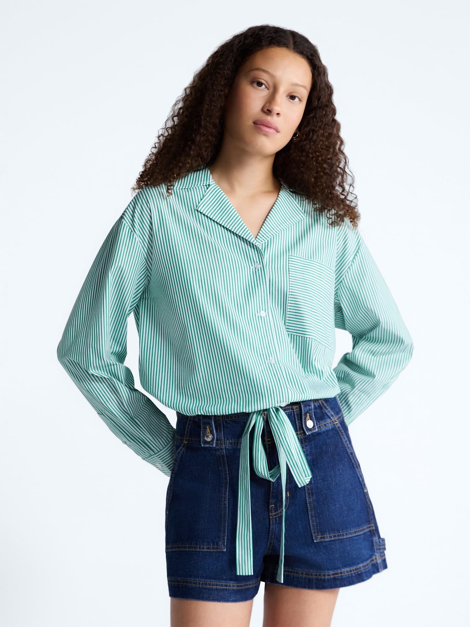 Free Assembly Women's and Women's Plus Cotton Poplin Tie Waist Shirt with Long Sleeves, Sizes XS-4X