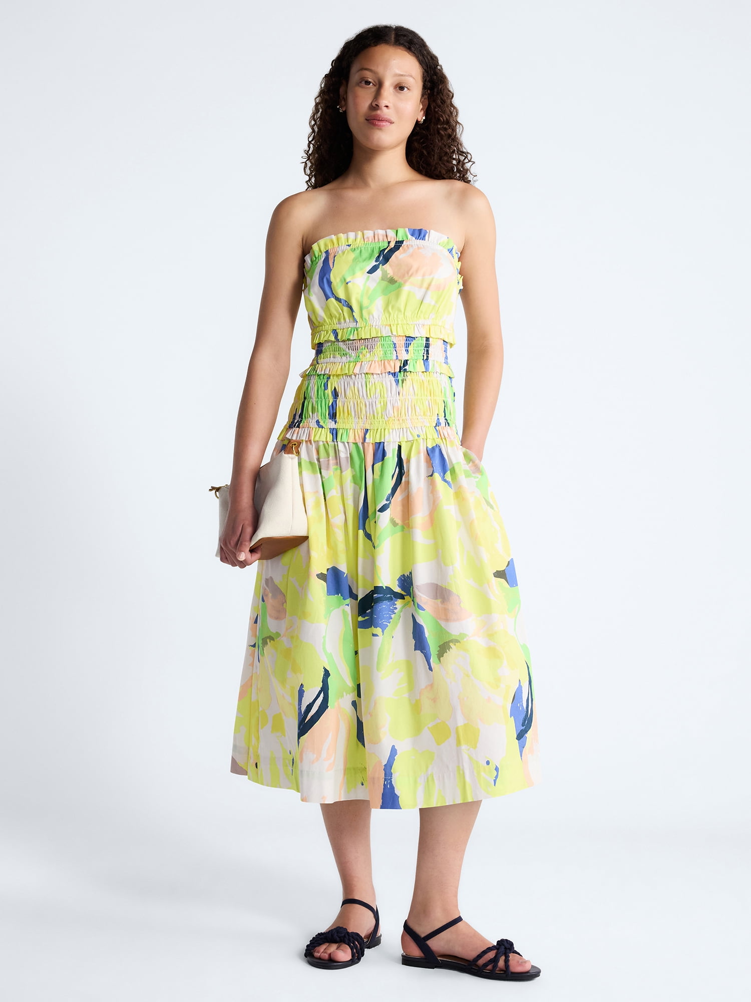 Free Assembly Women's and Women's Plus Strapless Cotton Poplin Tiered Midi Dress, Sizes XS-4X