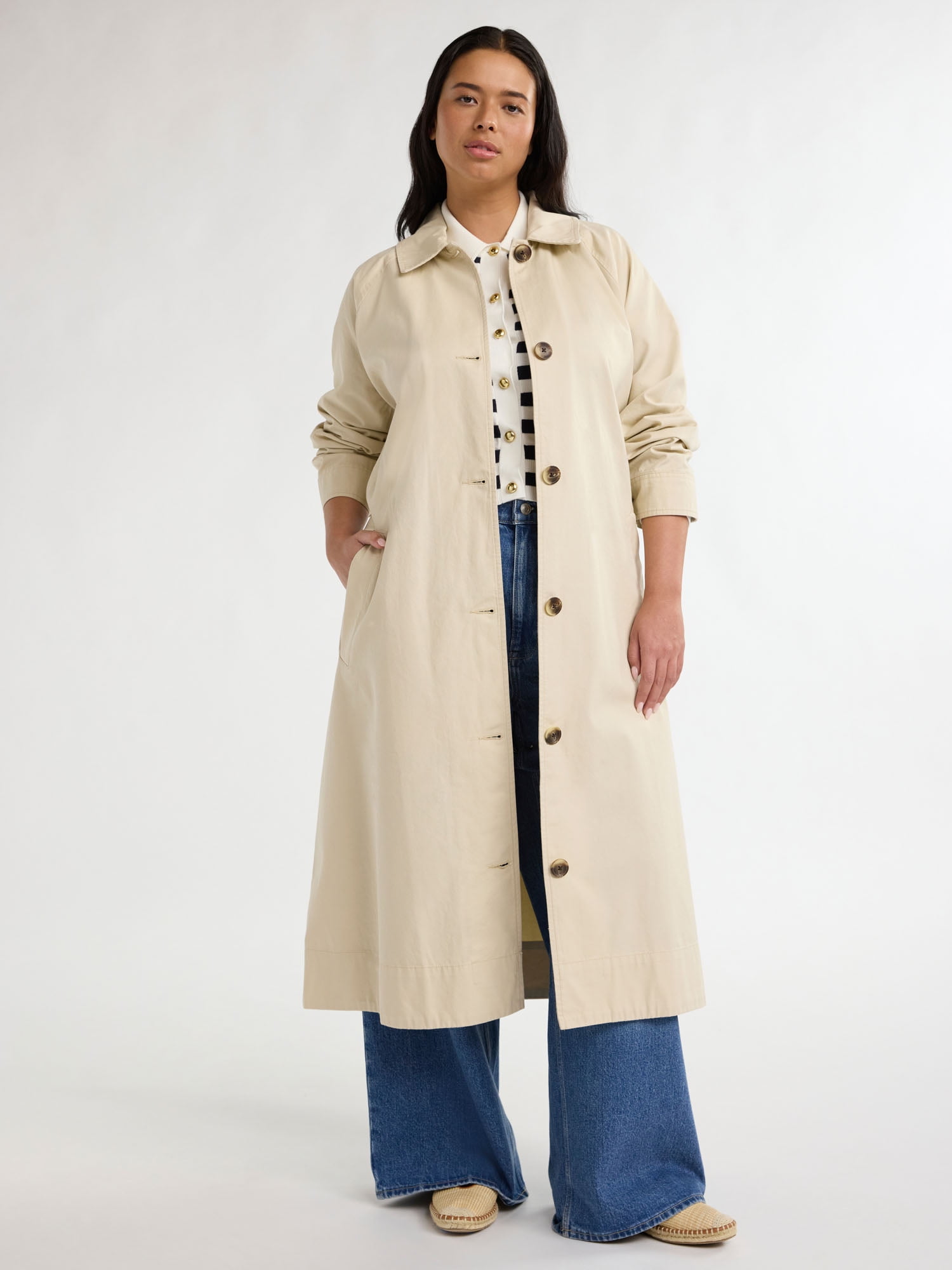 Free Assembly Women’s Plus Cotton Trench Coat, Sizes 1X-4X