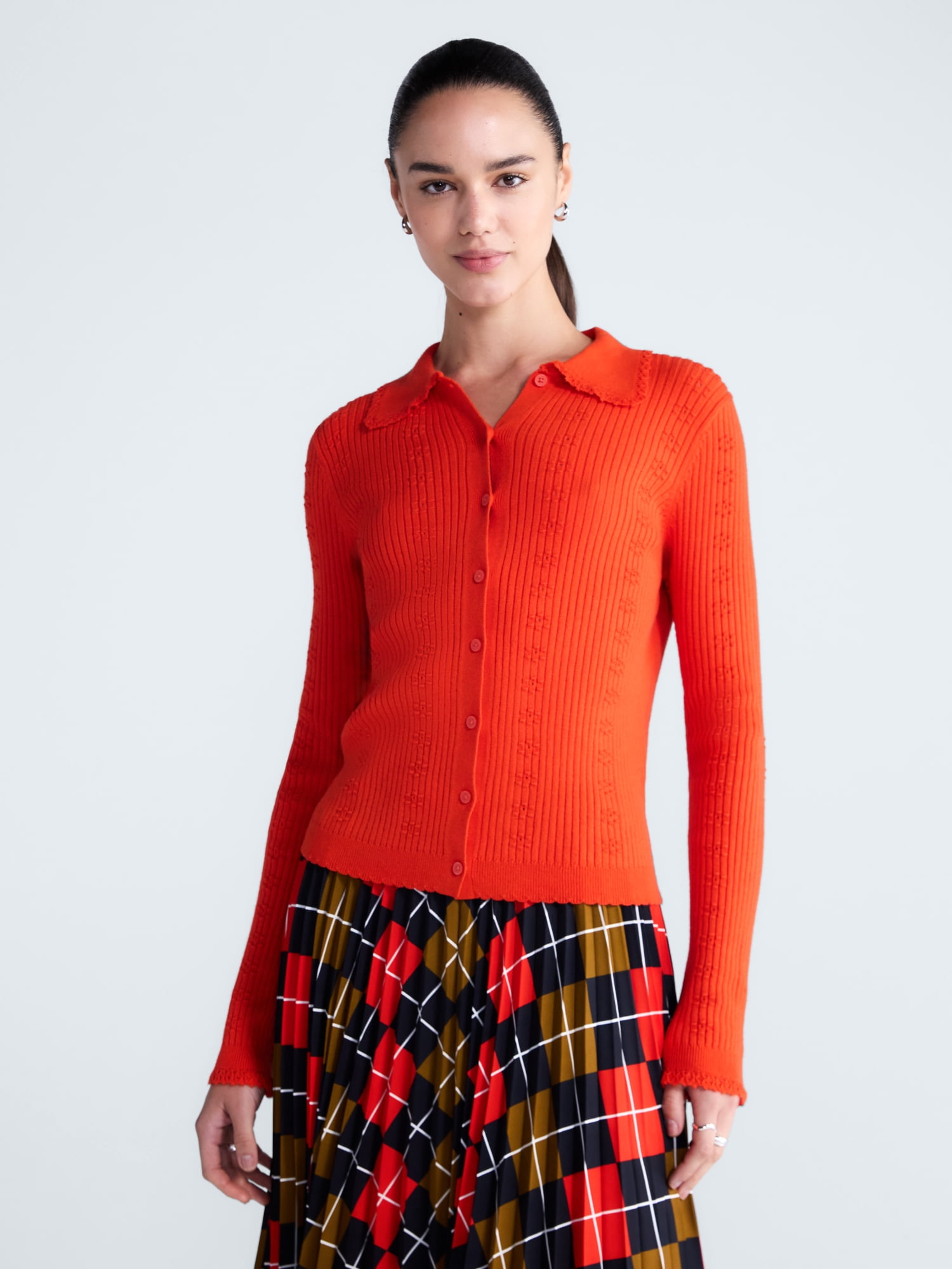 Free Assembly Women's and Women's Plus Pointelle Trim Cardigan Sweater, Lightweight, Sizes XS-4X