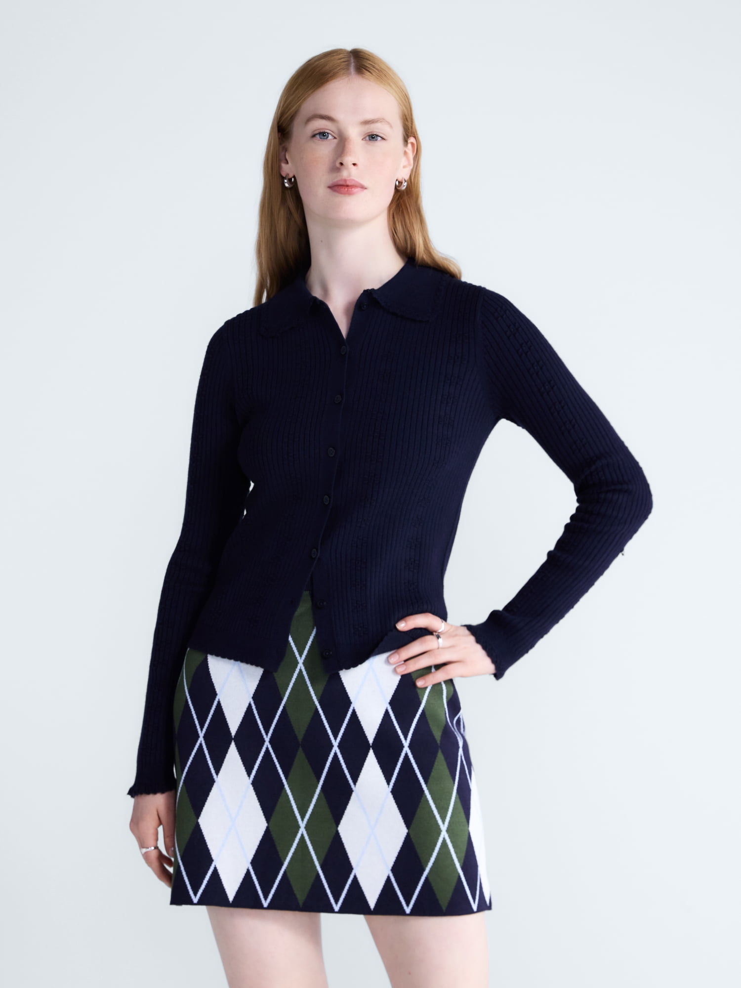 Free Assembly Women's and Women's Plus Pointelle Trim Cardigan Sweater, Lightweight, Sizes XS-4X