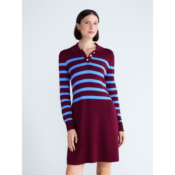 Free Assembly Women's and Women's Plus Polo Sweater Dress with Long Sleeves, Sizes XS-4X
