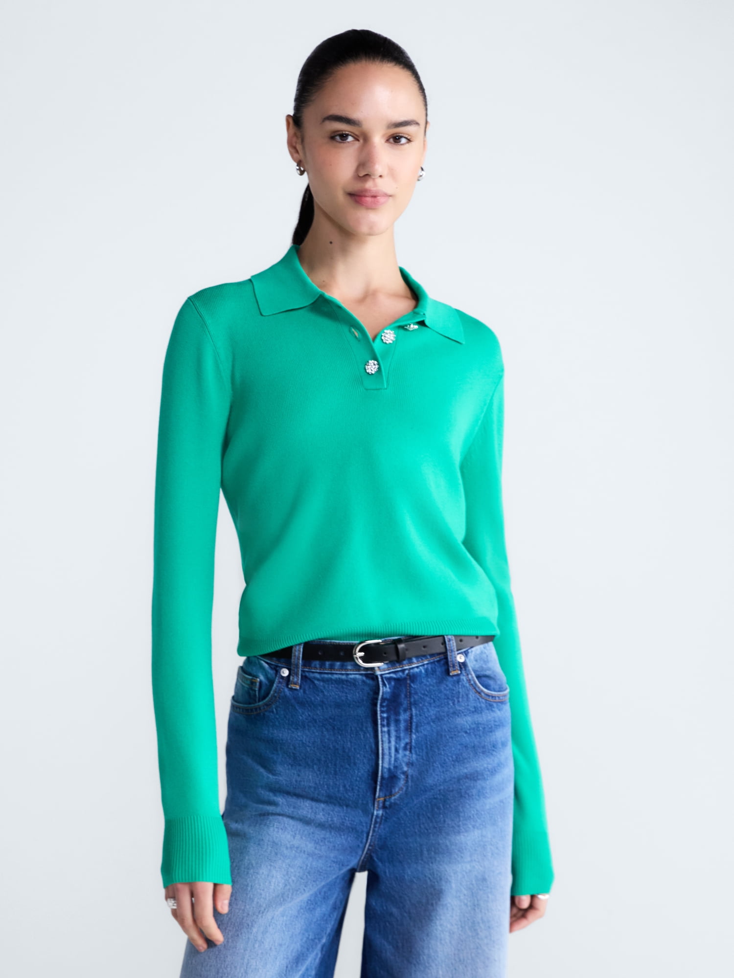 Free Assembly Women's and Women's Plus Polo Sweater with Long Sleeves, Lightweight, Sizes XS-4X