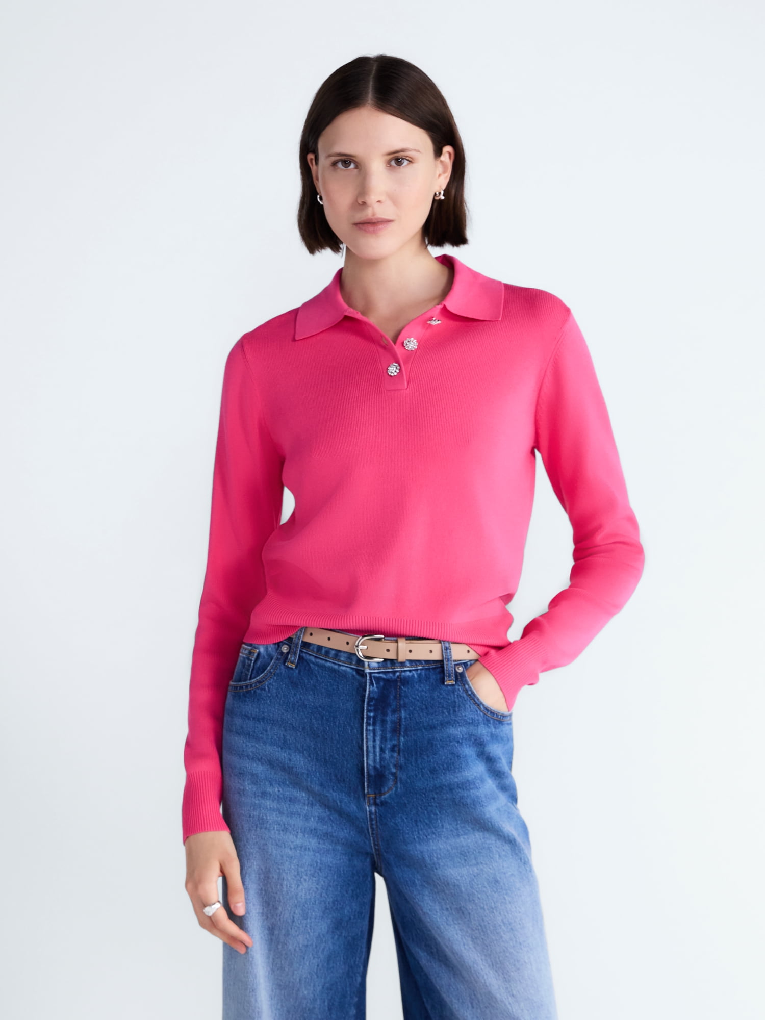 Free Assembly Women's and Women's Plus Polo Sweater with Long Sleeves, Lightweight, Sizes XS-4X