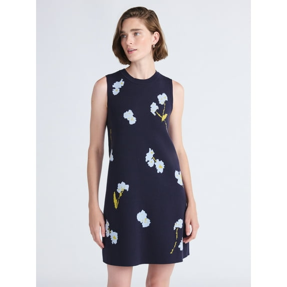 Free Assembly Women's and Women's Plus Sleeveless Floral Jacquard Mini Sweater Dress, Sizes XS-4X