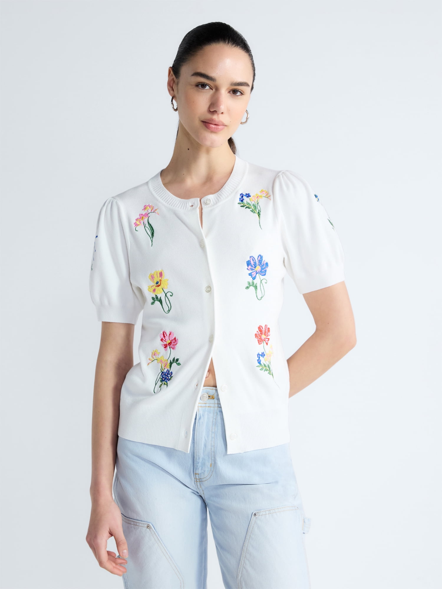 Free Assembly Women's and Women's Plus Embroidered Cardigan Sweater with Puff Sleeves, Lightweight, Sizes XS-4X