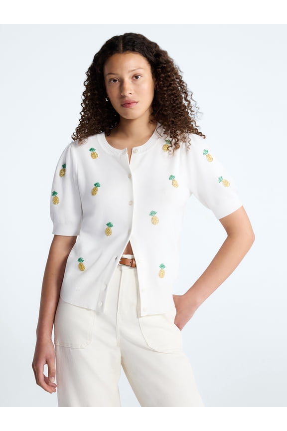 Women's and Women's Plus Beaded Cardigan Sweater with Short Puff Sleeves, Lightweight, Sizes XS-4X
