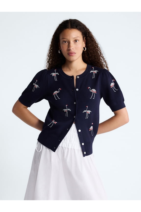 Women's and Women's Plus Beaded Cardigan Sweater with Short Puff Sleeves, Lightweight, Sizes XS-4X
