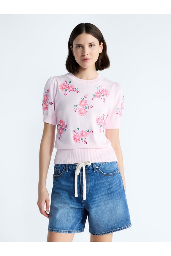 Women's and Women's Plus Beaded Floral Sweater with Puff Sleeves, Lightweight, Sizes XS-4X