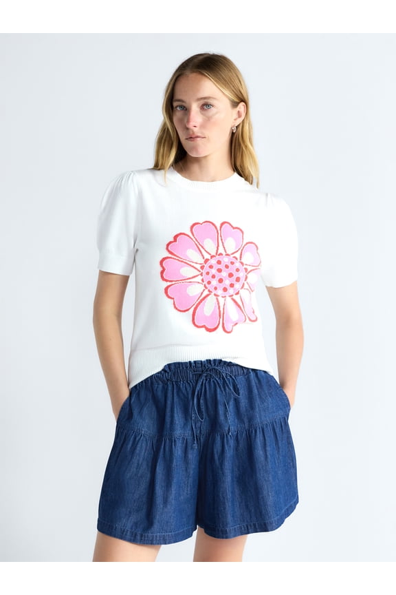 Women's and Women's Plus Floral Sweater with Puff Sleeves, Lightweight, Sizes XS-4X