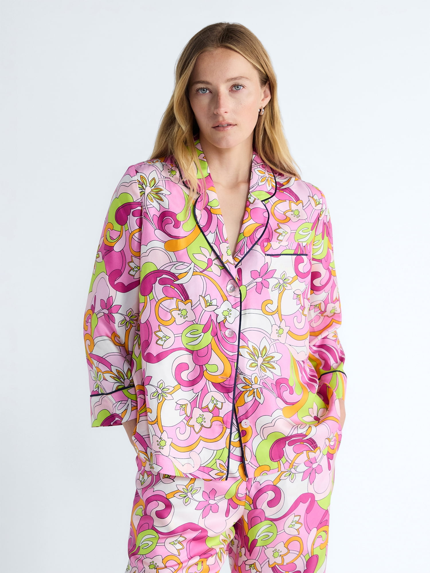 Free Assembly Women's and Women's Plus Silk Day Jama Shirt with Long Sleeves, Sizes XS-4X
