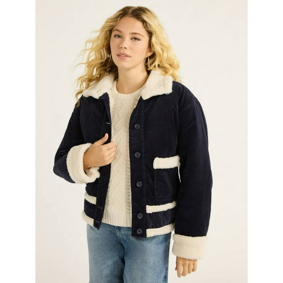 Free Assembly Women's and Women's Plus Corduroy Jacket with Faux Shearling Trim, Sizes XS-4X