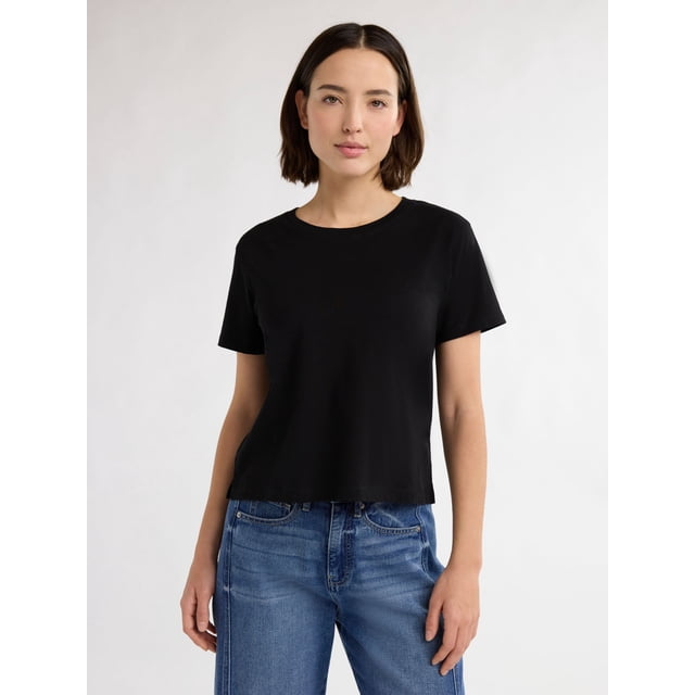 Free Assembly Women's and Women's Plus Cotton Cropped Boxy Tee with Short Sleeves, Sizes XS-4X