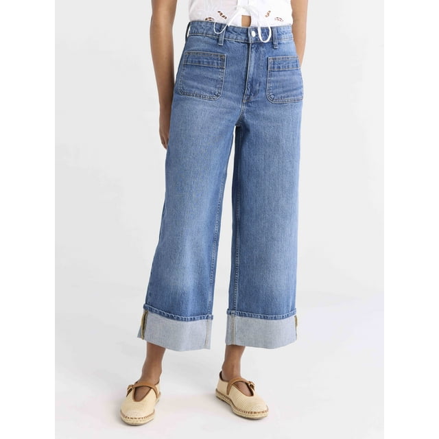 Free Assembly Women’s High Rise Cuffed Jeans with Patch Pockets, 30" Inseam, Sizes 0-28