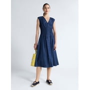 Women's Sleeveless Embroidered Denim V-Neck Midi Dress, Sizes XS-4X