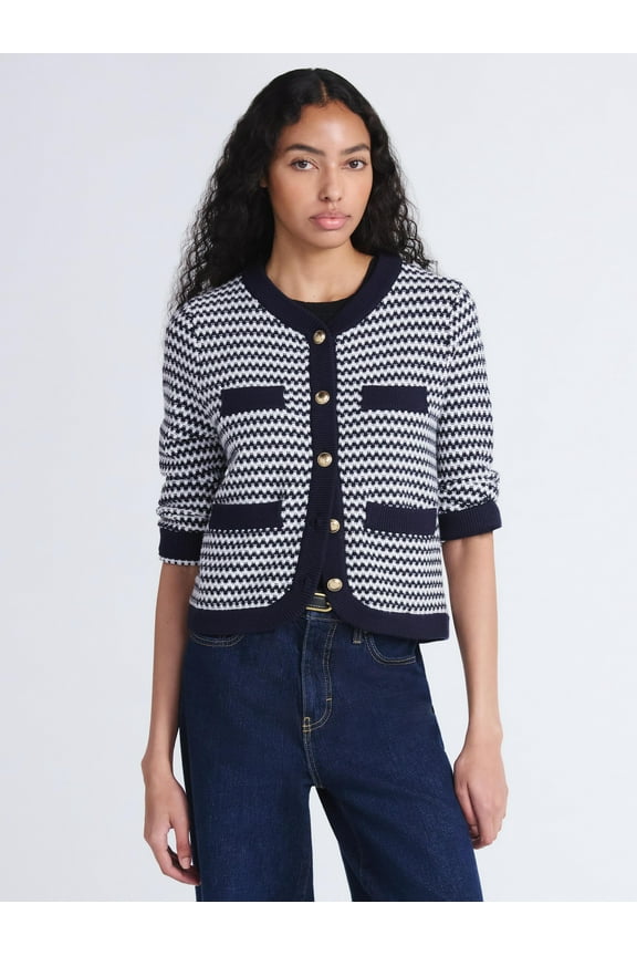 Women's and Women's Plus Textured Cardigan Sweater with Welt Pockets, Lightweight, Sizes XS-4X