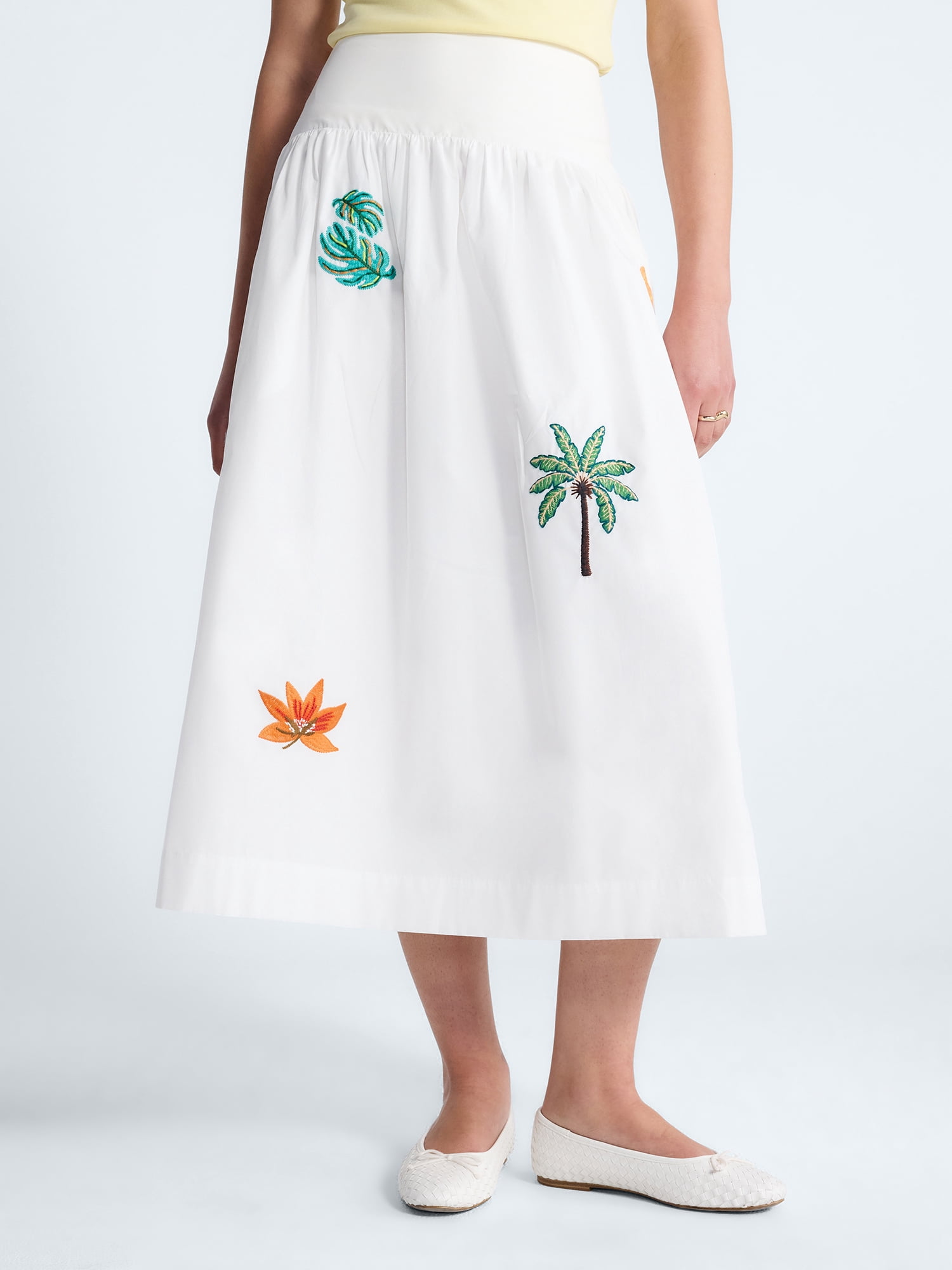 Free Assembly Women's and Women's Plus Embroidered Cotton Maxi Skirt with Drop Waist, Sizes XS-4X