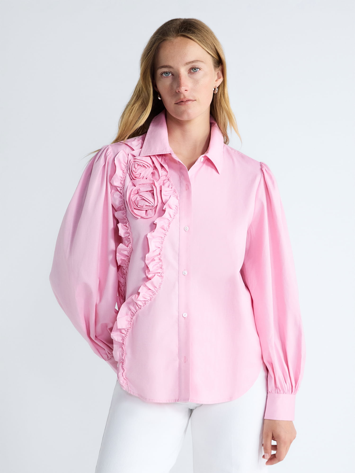 Free Assembly Women's and Women's Plus 3D Floral Cotton Shirt with Long Sleeves, Size XS-4X
