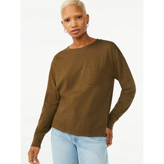 Free Assembly Women's Pocket Boy Tee with Long Sleeves