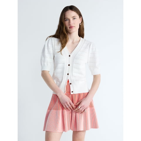's Women's Cotton Crochet Cardigan Sweater with Puff Sleeves, Sizes XS-4X