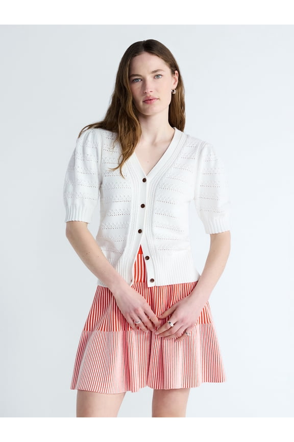 's Women's Cotton Crochet Cardigan Sweater with Puff Sleeves, Sizes XS-4X
