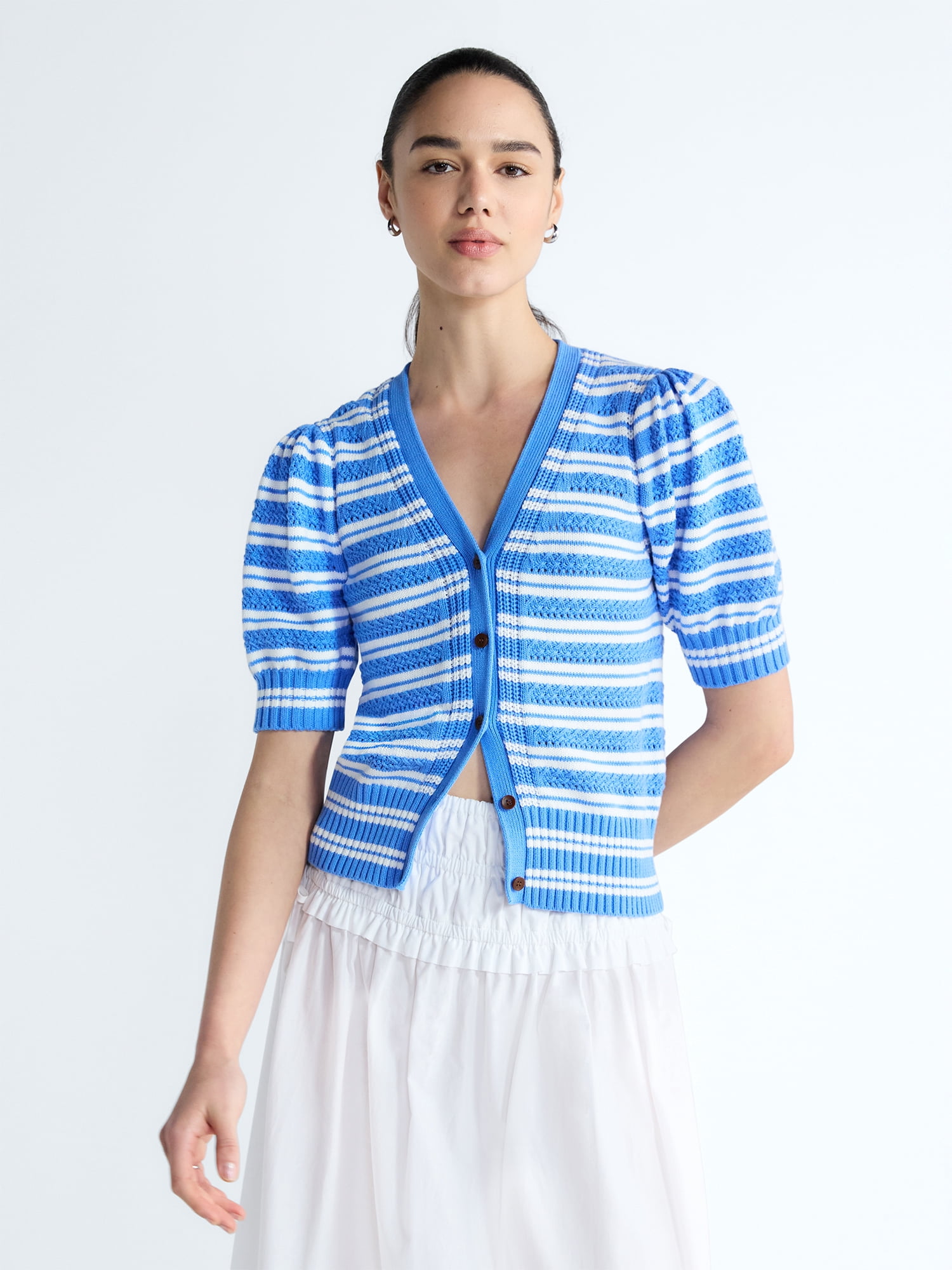 Free Assembly's Women's Cotton Crochet Cardigan Sweater with Puff Sleeves, Sizes XS-4X