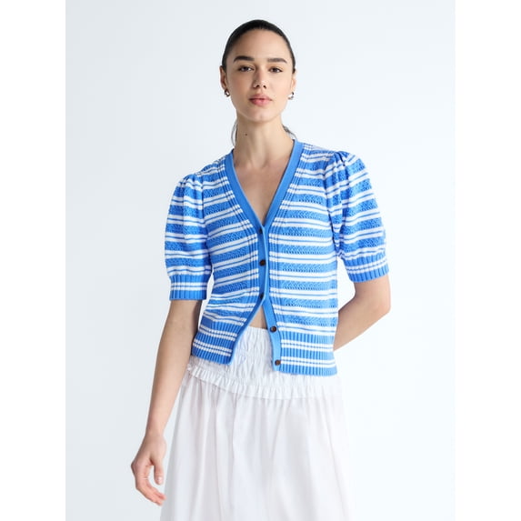 Free Assembly's Women's Cotton Crochet Cardigan Sweater with Puff Sleeves, Sizes XS-4X
