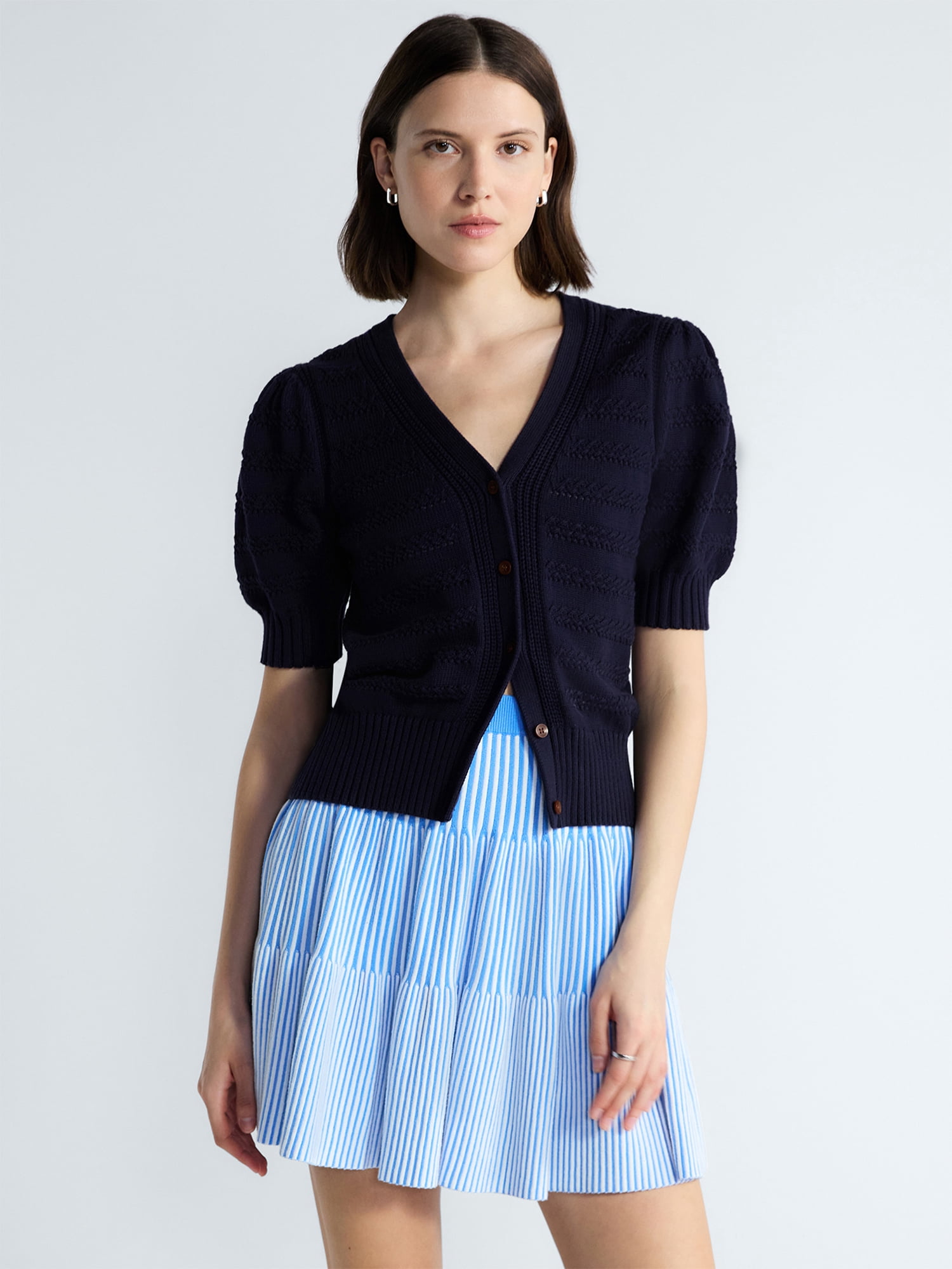 Free Assembly's Women's Cotton Crochet Cardigan Sweater with Puff Sleeves, Sizes XS-4X
