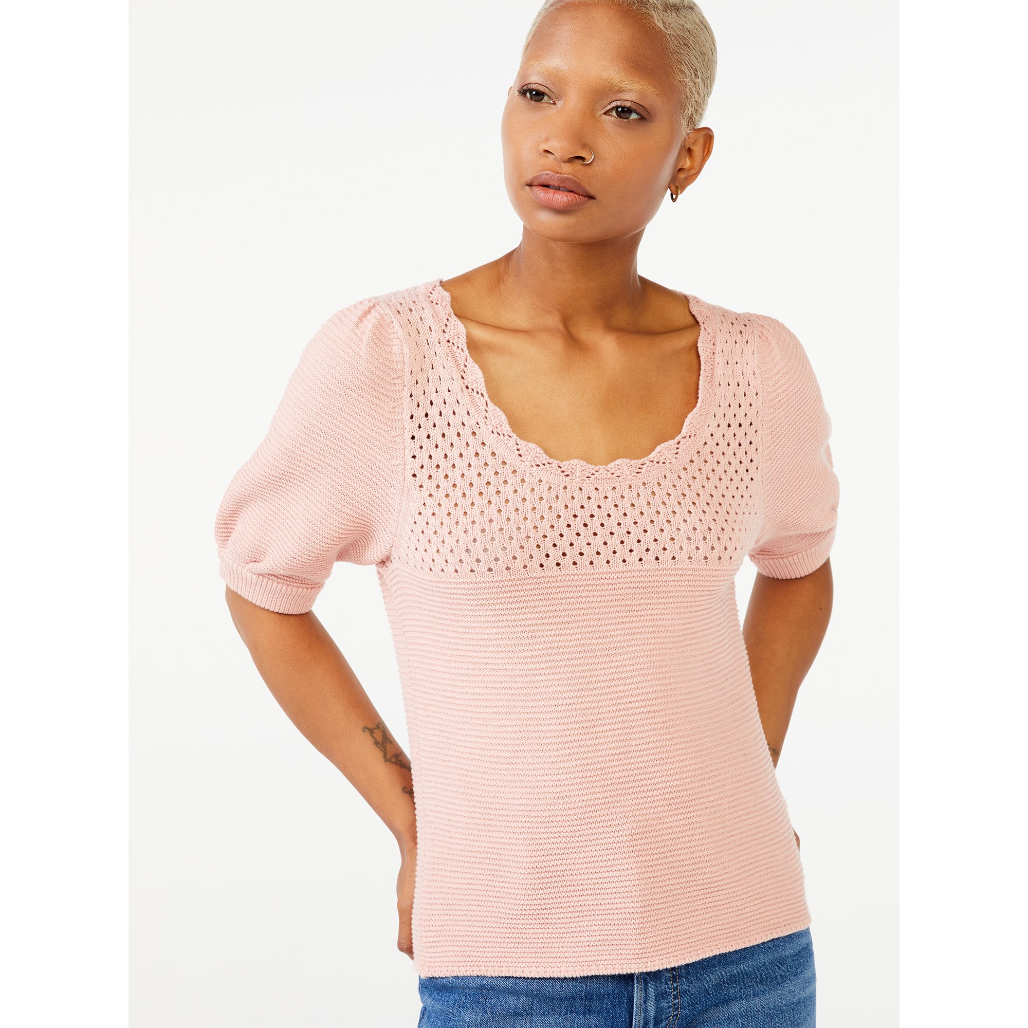 Free Assembly Women's Puff Sleeve Crochet Sweater - Walmart.com