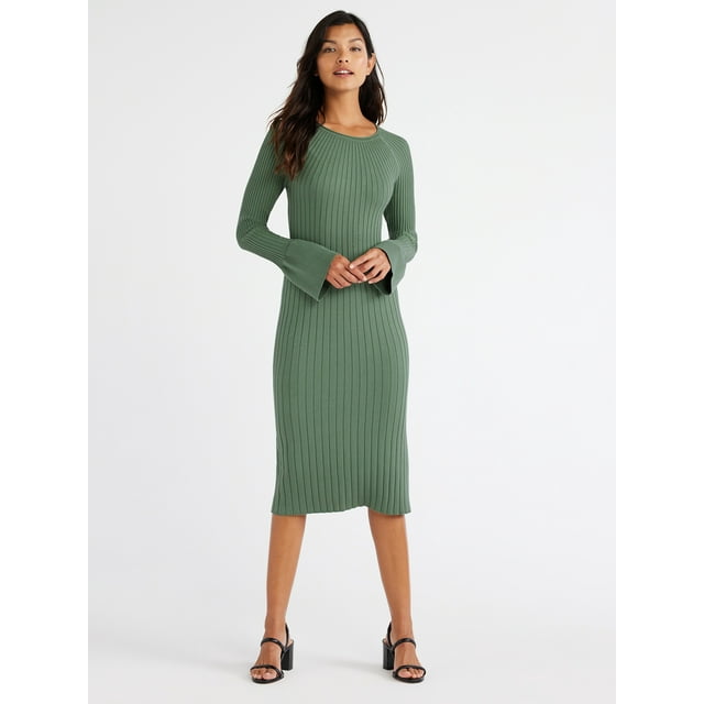 Free Assembly Women's Radiating Ribbed Midi Dress with Long Sleeves ...