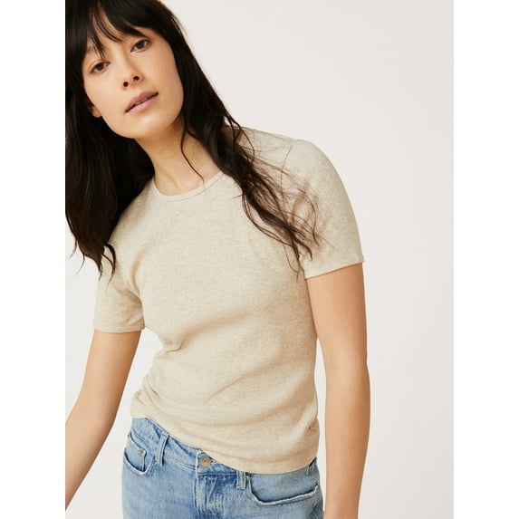 Free Assembly Women's Ribbed Crewneck Tee with Short Sleeves, Sizes XS-XXXL