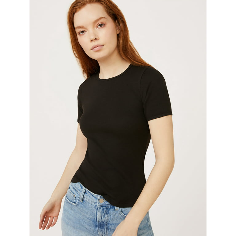 Free Assembly Women's Ribbed Crewneck Tee with Short Sleeves, Sizes XS-XXXL