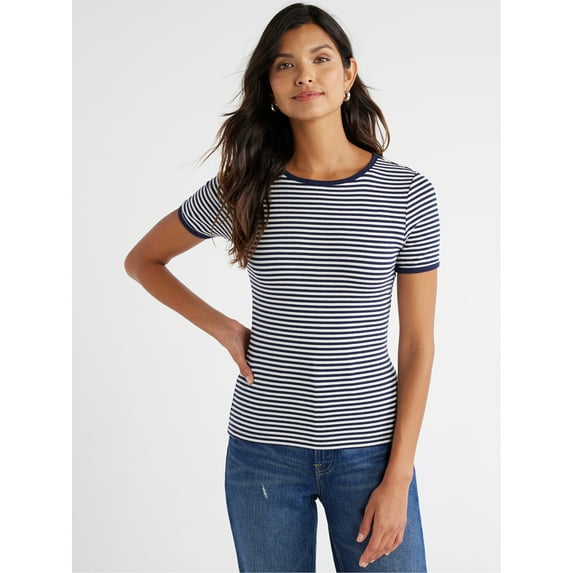 Free Assembly Women's Ribbed Crewneck Tee with Short Sleeves, Sizes XS-XXXL