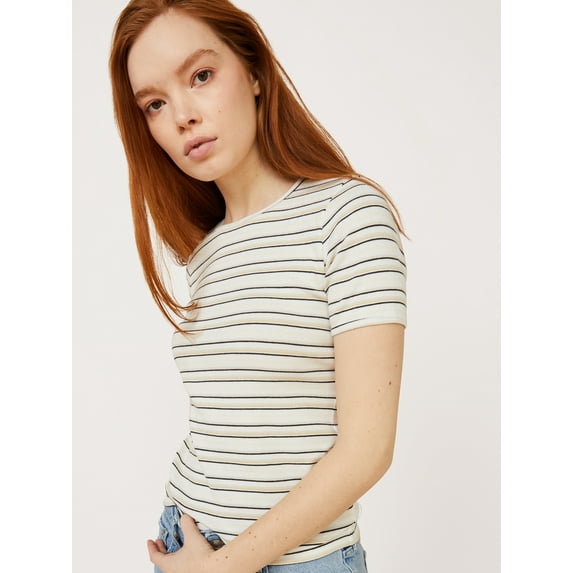 Free Assembly Women's Ribbed Crewneck Tee with Short Sleeves, Sizes XS-XXXL