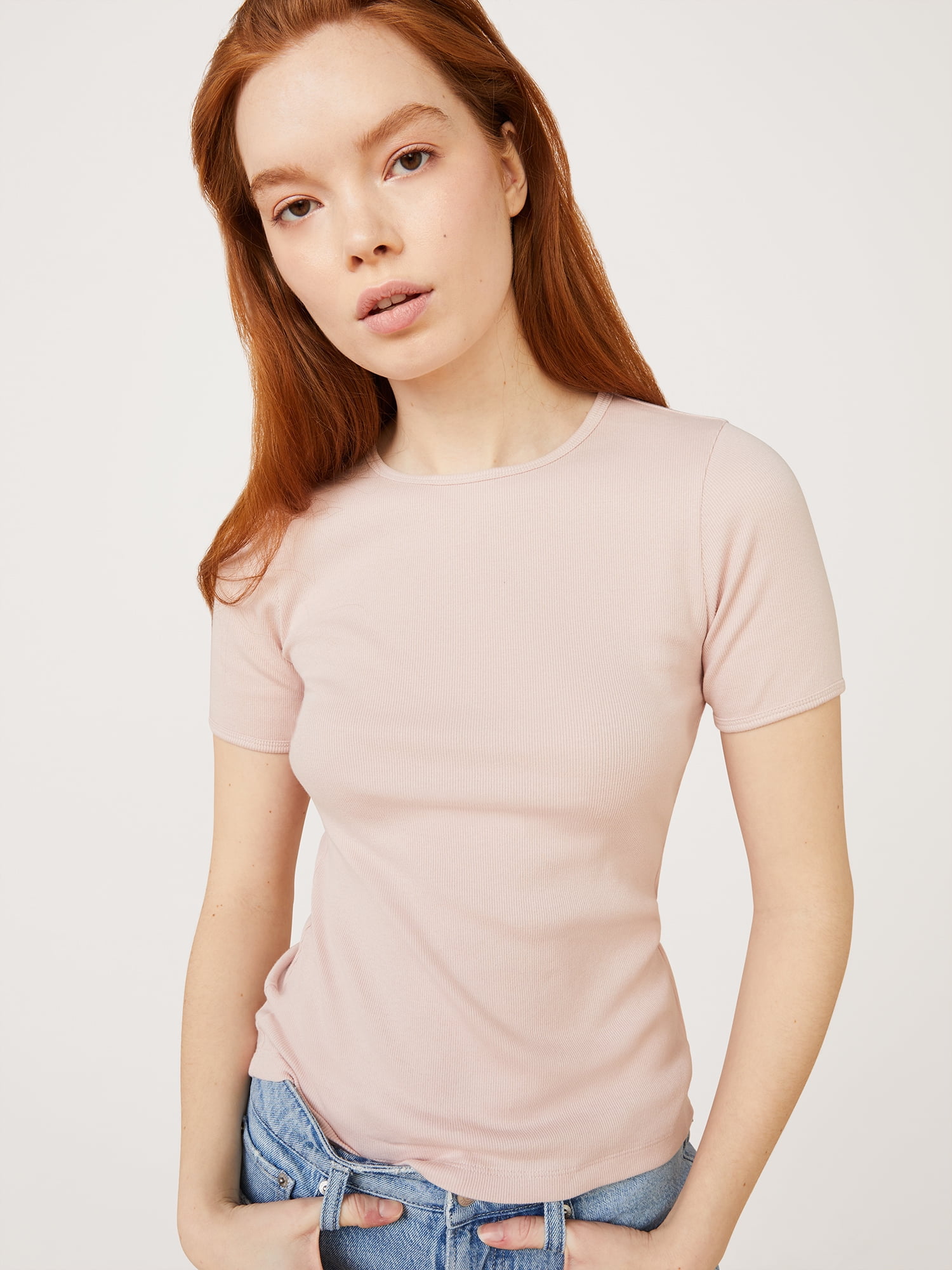 Free Assembly Women's Ribbed Crewneck Tee with Short Sleeves, Sizes XS-XXXL