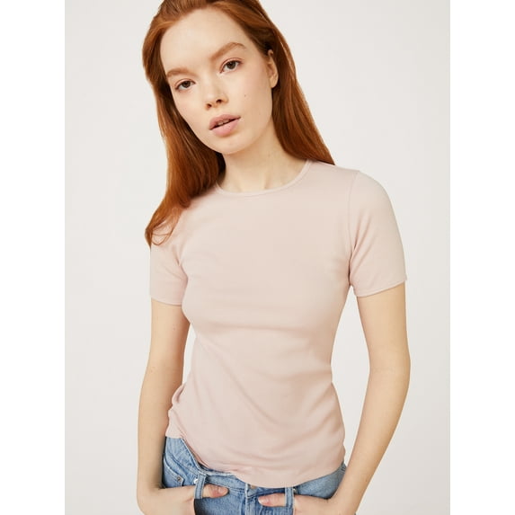 Free Assembly Women's Ribbed Crewneck Tee with Short Sleeves, Sizes XS-XXXL