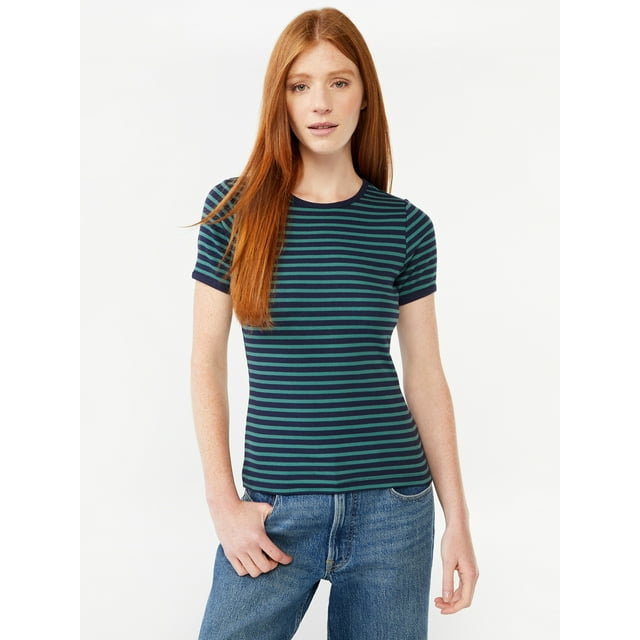 Free Assembly Women's Ribbed Crewneck Tee with Short Sleeves, Sizes XS ...