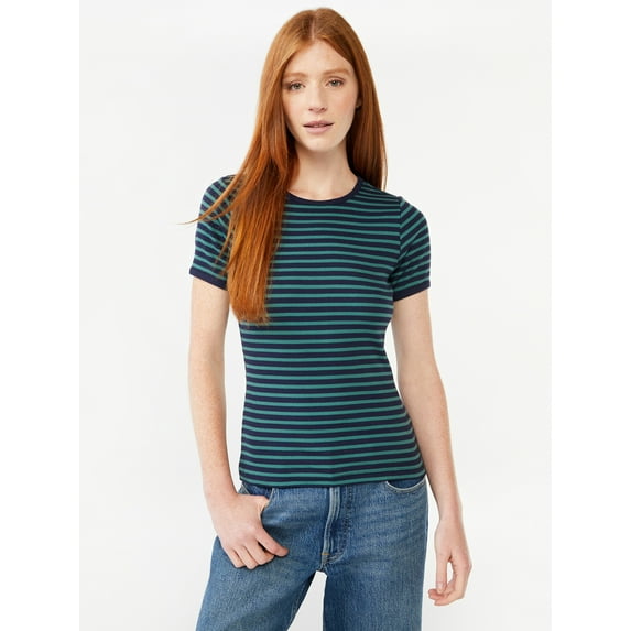 Free Assembly Women's Ribbed Crewneck Tee with Short Sleeves, Sizes XS-XXXL