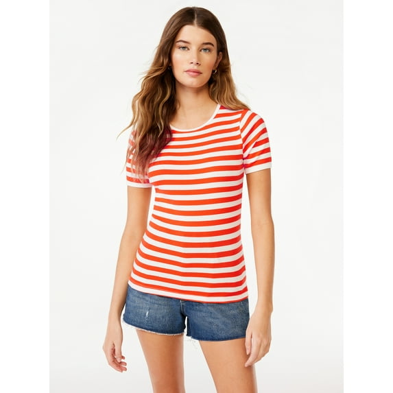 Free Assembly Women's Ribbed Crewneck Tee with Short Sleeves, Sizes XS-XXXL