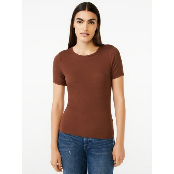 Free Assembly Women's Ribbed Crewneck Tee with Short Sleeves, Sizes XS-XXXL