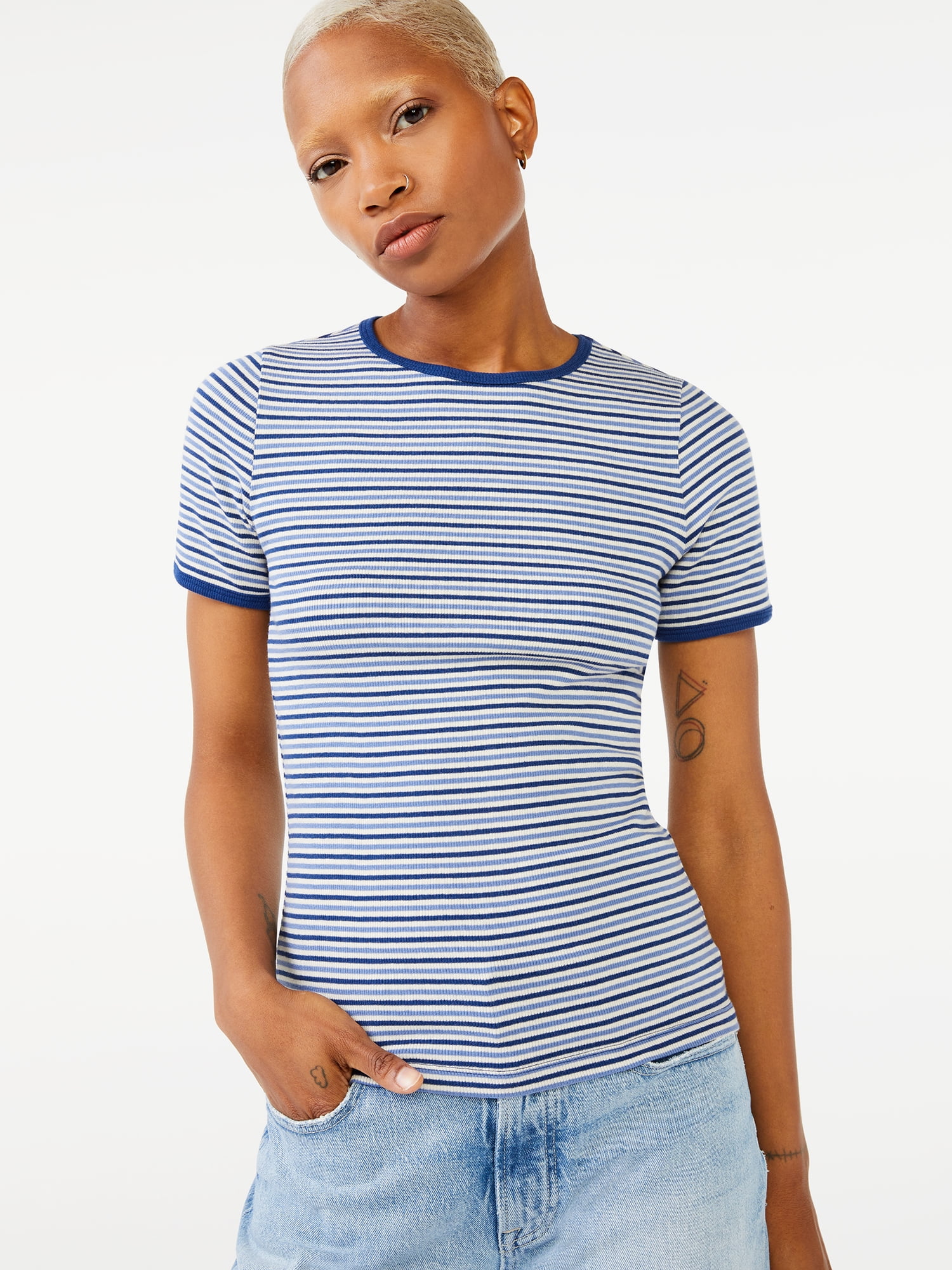 Free Assembly Women's Ribbed Crewneck Tee with Short Sleeves, Sizes XS ...