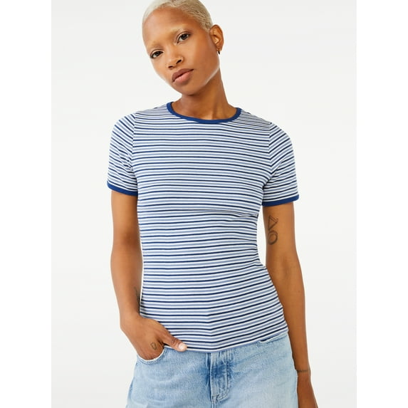 Free Assembly Women's Ribbed Crewneck Tee with Short Sleeves, Sizes XS-XXXL