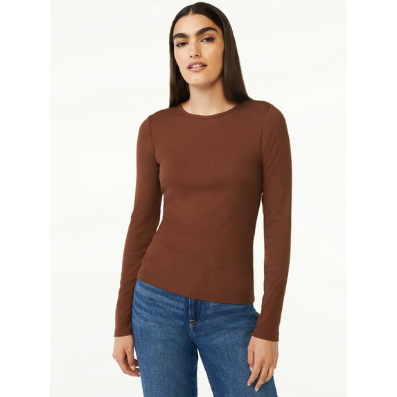 Free Assembly Women's Ribbed Crewneck Top with Long Sleeves